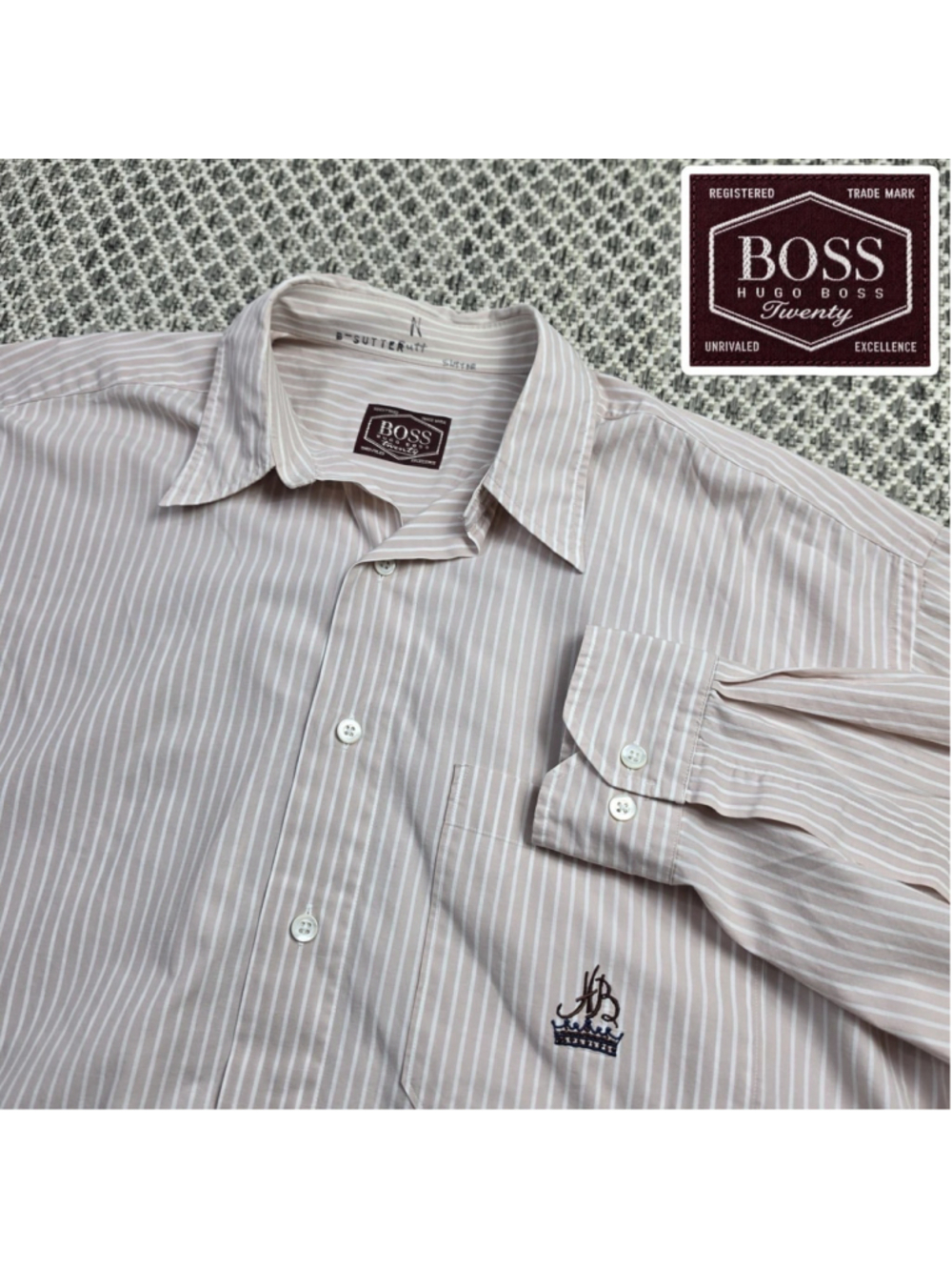 Vintage Hugo Boss Twenty B-Sutter Mens Striped Dress Shirt Embroidered Logo XL
